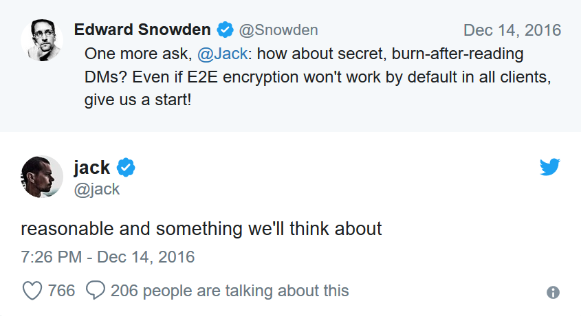 Snowden and Dorsey discuss private DMs for Twitter - Twitter has secret encryption feature on its Android app?