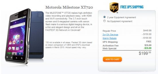 The Motorola MILESTONE XT720 is now on sale through Cincinnati Bell