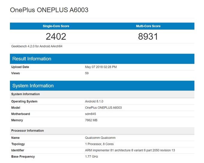 OnePlus 6 with 8GB of RAM, Snapdragon 845 shows up on Geekbench