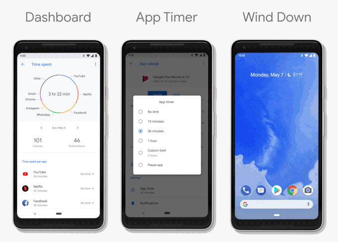 Dashboard, App Timer, and Wind Down are three of the wellbeing features coming with Android P - Android P wants you to use your phone less, and that&#039;s a good thing