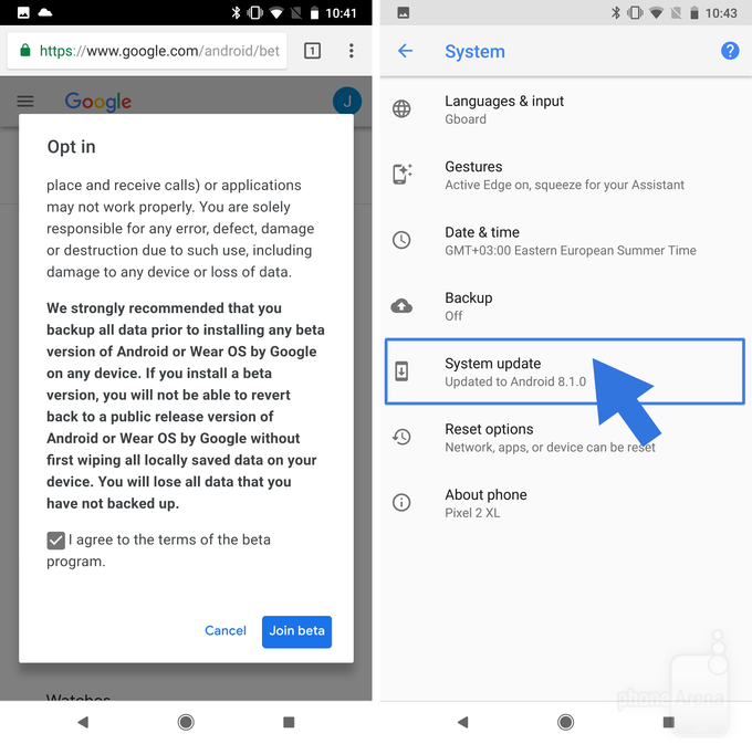 Agree to all terms and conditions, then check for a software update manually if an update notification does not arrive - How to install the Android P beta on your Google Pixel or other eligible phone