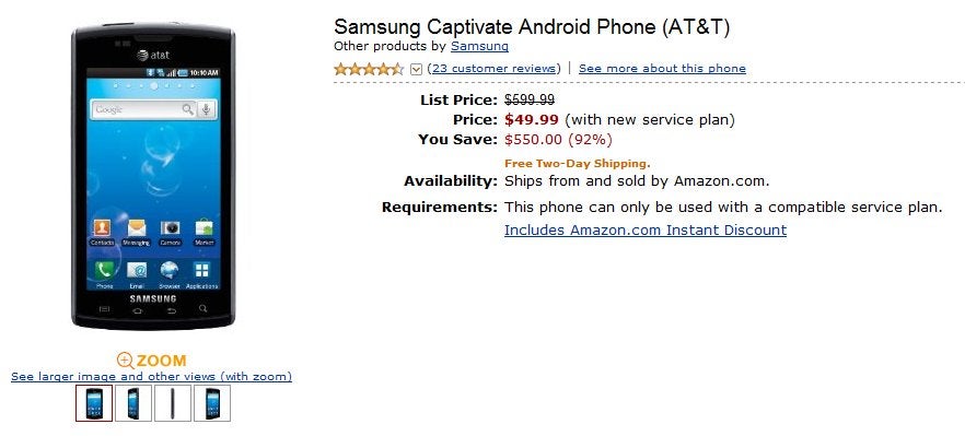 Samsung Captivate drops in price to $49.99 on-contract through Amazon