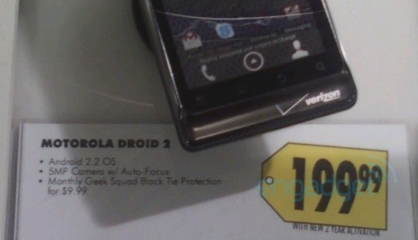 Best Buy prices DROID 2 at the $199 Gold Standard contract price for high-end phones