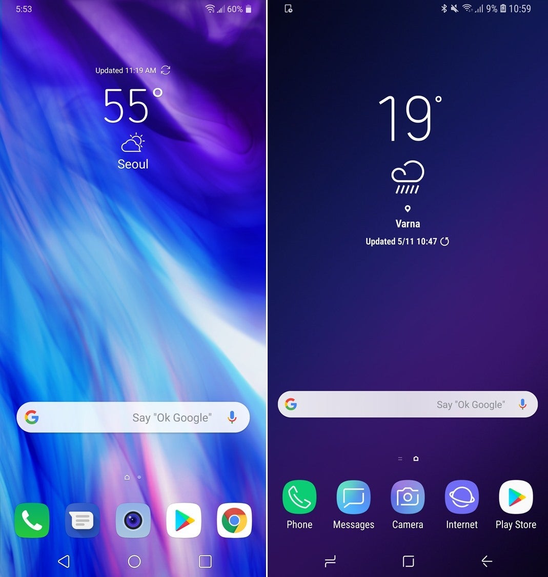 LG G7 ThinQ (left) vs Samsung Galaxy S9 (right) - LG G7 ThinQ vs Samsung Galaxy S9: Visual interface comparison