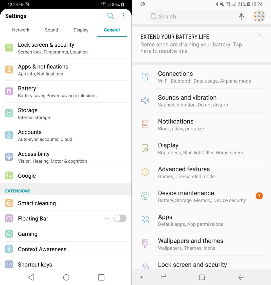 LG G7 ThinQ (left) vs Samsung Galaxy S9 (right) - LG G7 ThinQ vs Samsung Galaxy S9: Visual interface comparison