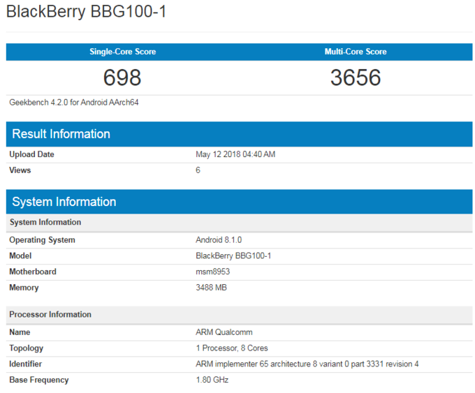 Possible BlackBerry KEY2 Lite (BBG100-1) hinted at in Geekbench listing