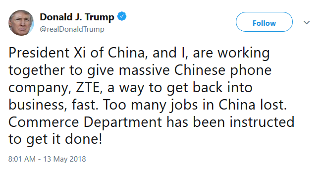 The president says he is working on getting ZTE up and running again - Trump says he wants the Commerce Department to lift ZTE's export ban