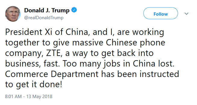 The president says he is working on getting ZTE up and running again - Trump says he wants the Commerce Department to lift ZTE&#039;s export ban