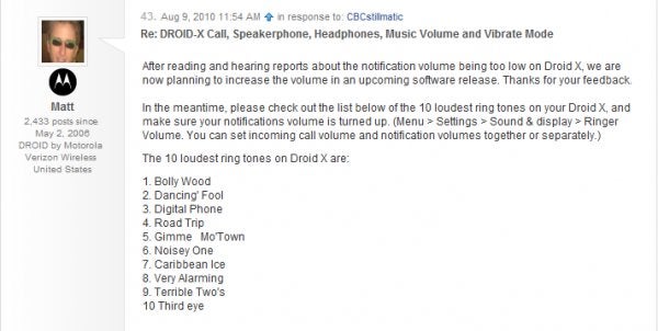 Motorola plans to address DROID X volume issues in an &quot;upcoming&quot; software release