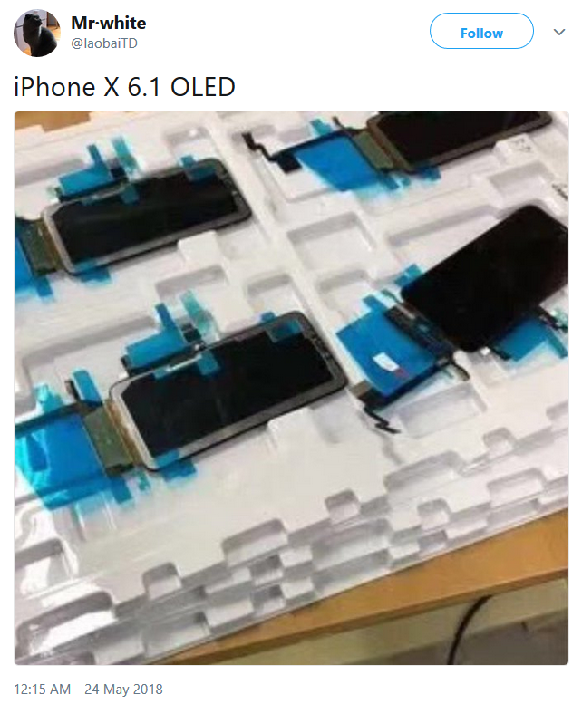 Tweet claims that the low-end 6.1-inch Apple iPhone model will allegedly feature an OLED panel - Picture allegedly shows OLED panels for the 6.1-inch low-end Apple iPhone 9