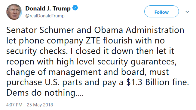 The president confirmed the ZTE deal with a tweet sent Friday afternoon - U.S. Senator: "ZTE presents a national security threat to the United States"