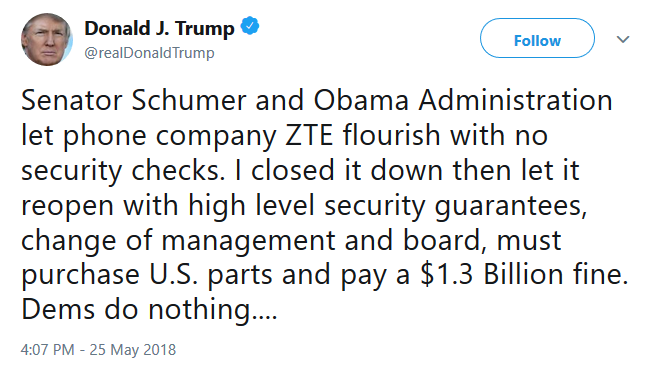 The president confirmed the ZTE deal with a tweet sent Friday afternoon - U.S. Senator: &quot;ZTE presents a national security threat to the United States&quot;