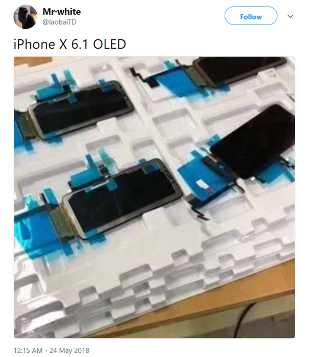 According to this tweet, seconded by a report in the Economic Times, Apple will use an OLED panel on the 6.1-inch iPhone 9 - Report: Apple has decided to use OLED on all three 2018 iPhone models