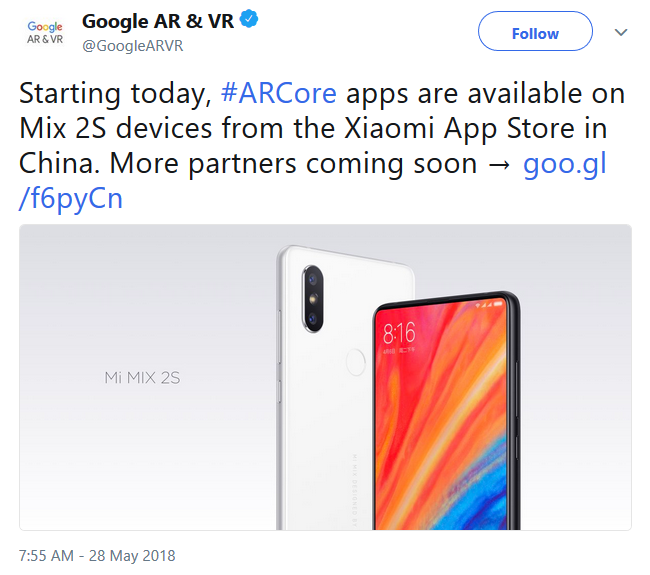 Google announces that the Xiaomi Mi Mix 2S now supports ARCore apps - ARCore apps are now available for the Xiaomi Mi Mix 2S in China
