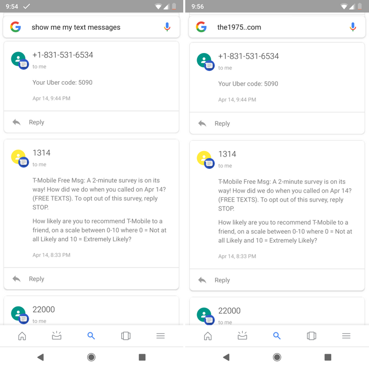 The results of the glitch, at right, are similar to what Google Assistant sends you when you ask it to &quot;show me my text messages - Google &quot;glitch&quot; turns your search request into a page showing your text messages