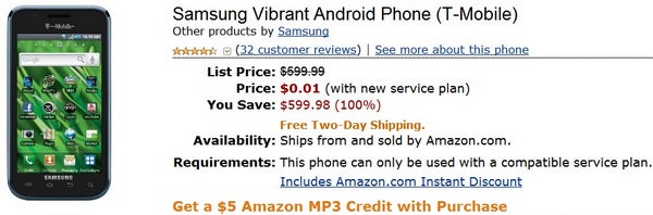Amazon pulls a fast one by dropping the price of the Samsung Vibrant to $0.01