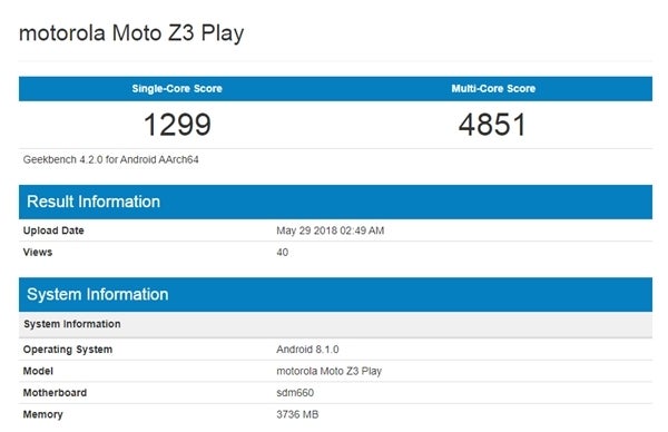The Moto Z3 Play has shown up on Geekbench with a Snapdragon 660