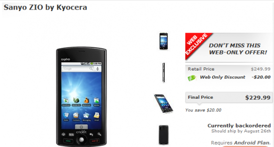 Cricket launches Android powered Sanyo Zio by Kyocera
