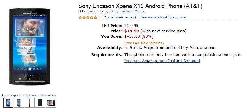 AT&amp;T&#039;s Sony Ericsson Xperia X10 is priced at $49.99 on Amazon