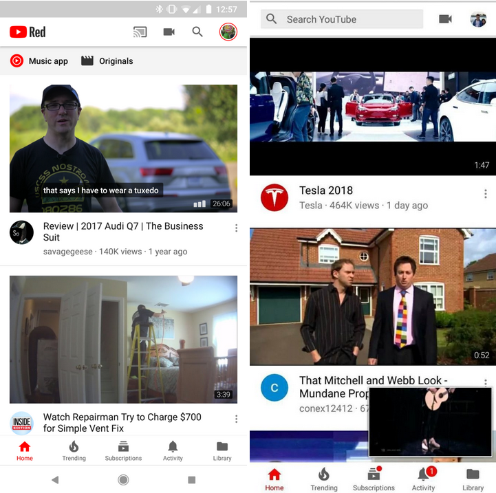 Current YouTube UI for Android on left, new UI being tested at right - Google tests new YouTube UI for Android with a search bar on top, larger thumbnails and more