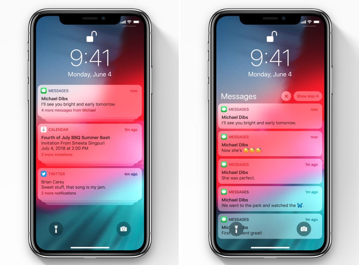 Notifications in iOS 12 &amp;ndash; grouped on the left and expanded on the right - iOS 12 is announced with focus on performance and augmented reality
