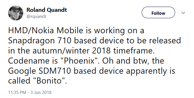 Tipster Roland Quandt tweets about the Bonito codename for the mid-range Pixel expected next year - &quot;Blueline&quot; shows up again as codename for Pixel 3 or Pixel 3 XL; mid-range Pixel codenamed &quot;Bonito&quot;