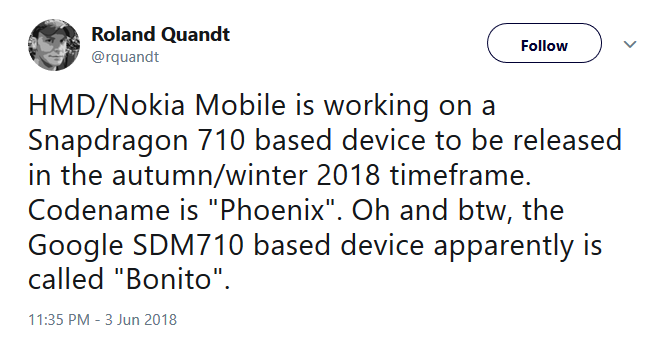 Tipster Roland Quandt tweets about the Bonito codename for the mid-range Pixel expected next year - "Blueline" shows up again as codename for Pixel 3 or Pixel 3 XL; mid-range Pixel codenamed "Bonito"