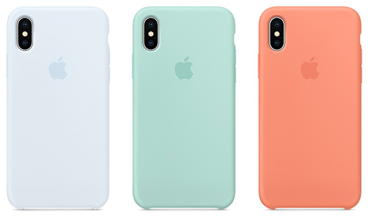 The three new color options added to the lineup of silicone cases for the 2017 iPhone models, (L to R) Sky Blue, Marine Green and Peach - Apple releases three new iPhone cases and four new Apple Watch Sport bands