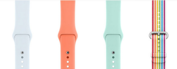 The four new Apple Watch Sport Bands now available, (L to R) Sky Blue, Peach, Marine Green and the new Pride band - Apple releases three new iPhone cases and four new Apple Watch Sport bands