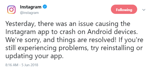 Instagram acknowledges bug that was causing Android app to crash, says it's been fixed