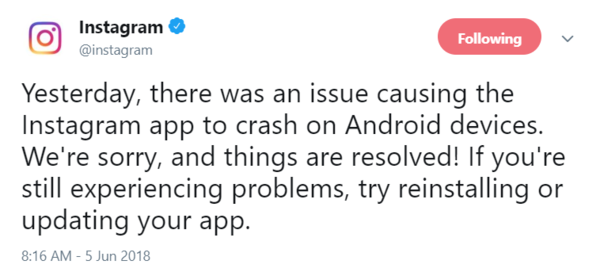 Instagram acknowledges bug that was causing Android app to crash, says it&#039;s been fixed