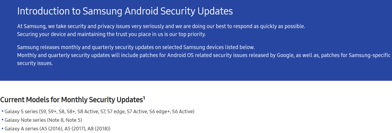 The Samsung Galaxy S9 and Galaxy S9+ are eligible for monthly security updates says Samsung&#039;s own website - In the states, the Samsung Galaxy S9 and S9+ are receiving their security updates quarterly