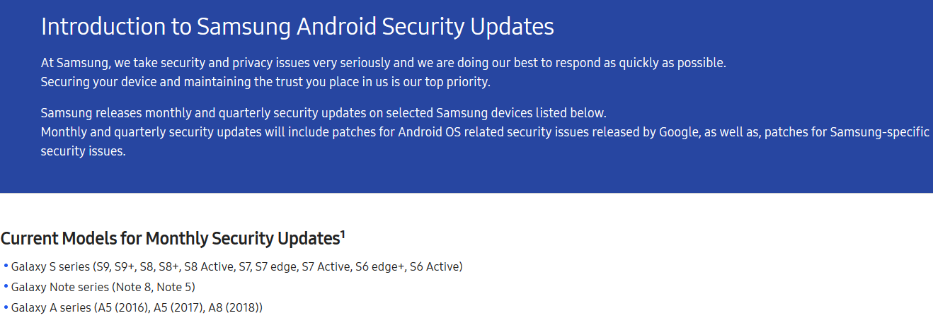 The Samsung Galaxy S9 and Galaxy S9+ are eligible for monthly security updates says Samsung's own website - In the states, the Samsung Galaxy S9 and S9+ are receiving their security updates quarterly