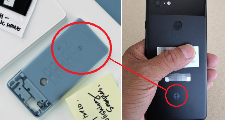 Image from Google&#039;s internal blog (L) shows a Pixel 2 prototype with the same logo as the one found on the back of a Pixel 3 XL prototype - Mystery logo on back of Pixel 3 XL prototype belongs to Google