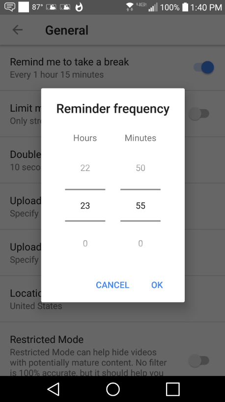 YouTube's take a break reminder setting now has more flexible options - YouTube's "take a break" reminder now offers 'hour and minutes' option in 5-minute intervals