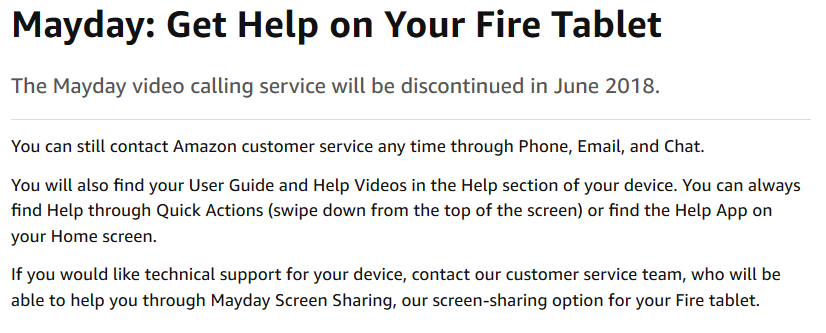 Amazon support page announces the end to Mayday video support - Mayday! Mayday! Amazon ends 24/7 live video support for its Fire tablets