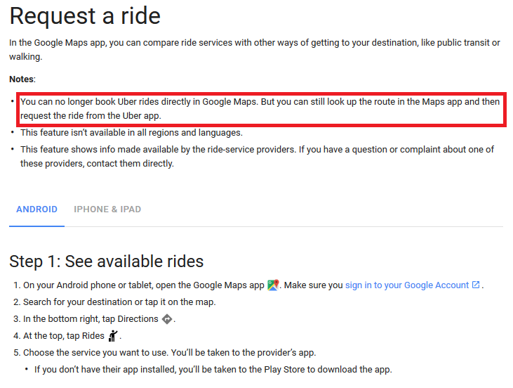 Google says that it will no longer allow Google Maps for Android to book Uber rides - Need an Uber? Android users can no longer book one from Google Maps