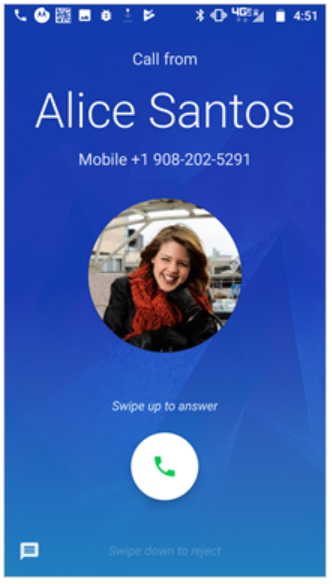 New active call screen for Moto Z Droid. Swipe up to answer call, swipe down to reject it. Tap message icon on bottom left to send text message - Verizon's Moto Z Droid and Moto Z Force Droid get a taste of that creme filled Oreo cookie at last