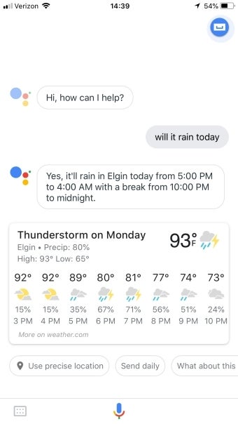 hey google what time is it going to rain tonight