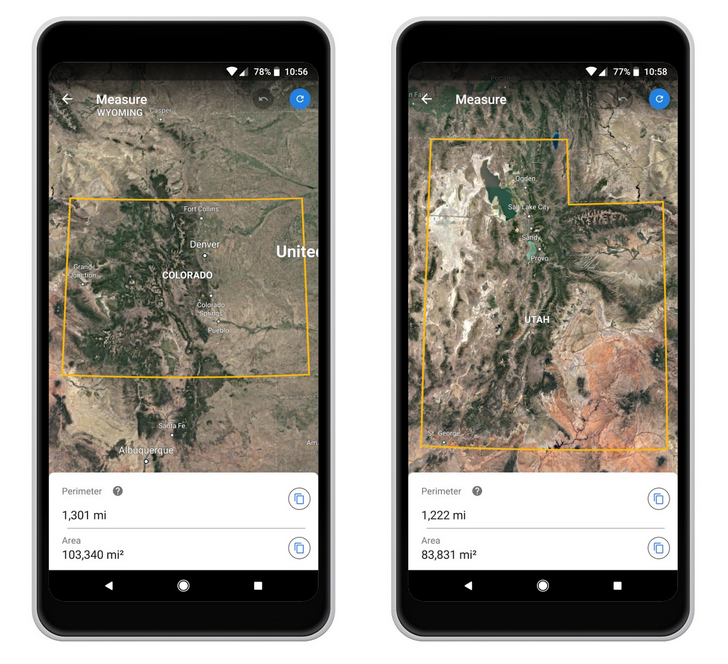 Compare the area of two states to determine which one is bigger - Google Earth can now measure the distance between two points and calculate the area of a block