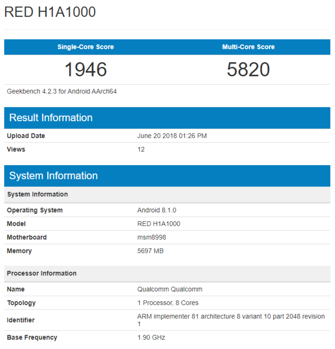 RED Hydrogen One benchmark confirms Snapdragon 835 and 6GB of RAM