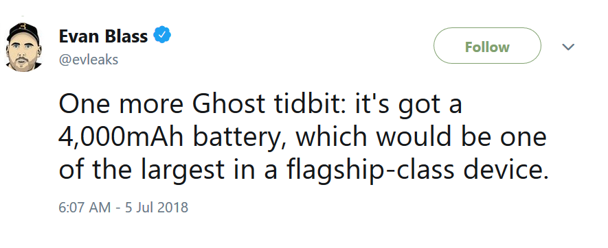 The BlackBerry Ghost and the BlackBerry Motion will tie for the largest capacity battery to power a BlackBerry phone, according to a tweet from Evan Blass. - BlackBerry Ghost rumored to feature 4000mAh battery