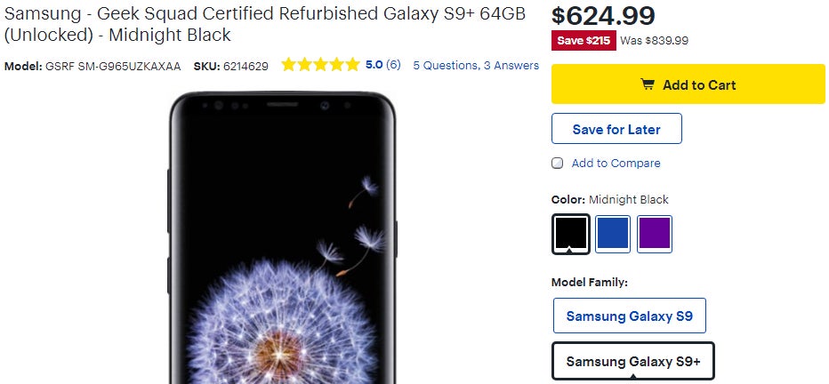 Deal: Save $215 on the unlocked Samsung Galaxy S9+ (certified refurbished)
