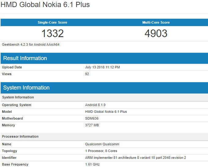 Nokia 6.1 Plus benchmark listing reveals mid-range hardware, Android 8.1.0 Oreo