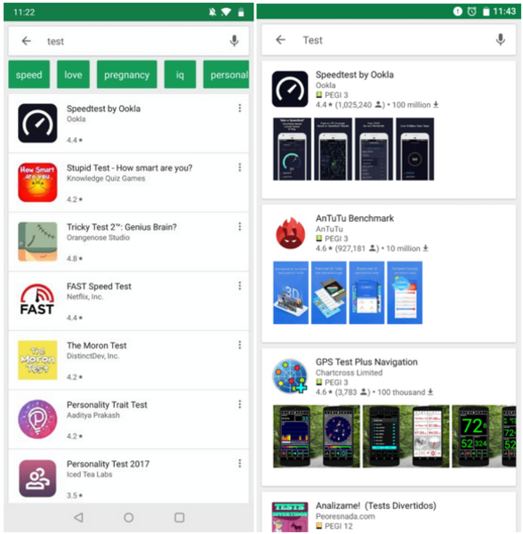 The current Google Play Store search UI on left, and the new card UI being tested on right - Google testing card-like interface for search results in the Play Store app
