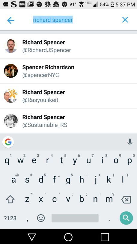 Far-right activist Richard Spencer does not appear under a search for his account on Twitter - Twitter burying far-right activists in its search results?