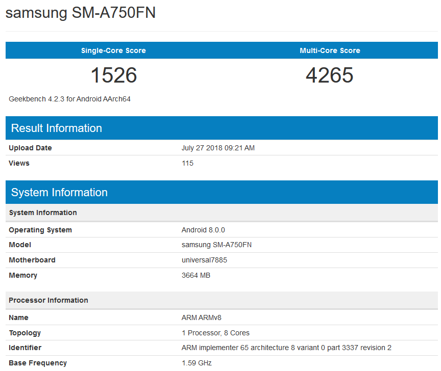 The Geekbench listing of the Galaxy A8 (2018) - Samsung mid-ranger pops up on Geekbench, is this the Galaxy A7 (2018)?