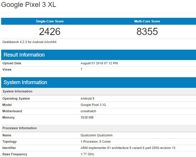 Google Pixel 3 XL shows up in benchmark: powerful CPU, decent RAM, Android P