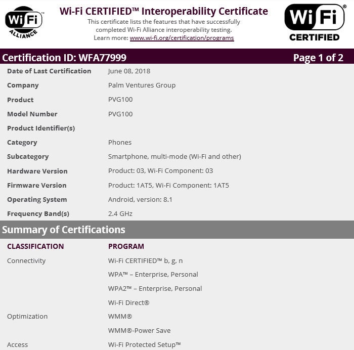 Palm PVG100 phone with Android 8.1 Oreo gets certified
