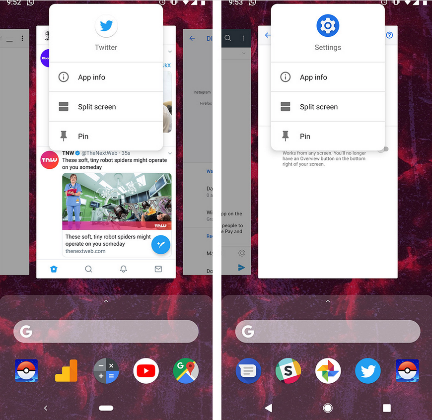 Regardless if the gesture controls are enabled (L) or disabled, activating the split-screen on Android 9.0 is not as easy as pie - Initiating a split-screen in Android 9.0 is not as easy as pie